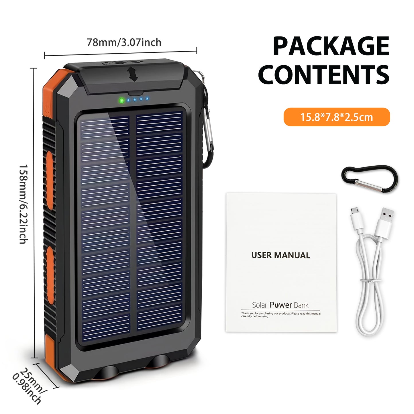 BAOKALER 30000mAh Solar Charger for Cell Phone iPhone, Portable Solar Power Bank with Dual 5V USB Ports, 2 Led Light Flashlight, Compass Battery Pack for Outdoor Camping Hiking(Orange)