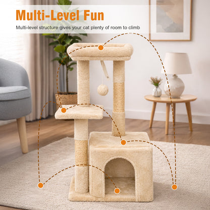 Cat Tree, Multi-Level Cat Tree Tower, Indoor Activity Center with Sisal Scratching Posts, Condos, Plush Perches, Hanging Cat Toys, Beige