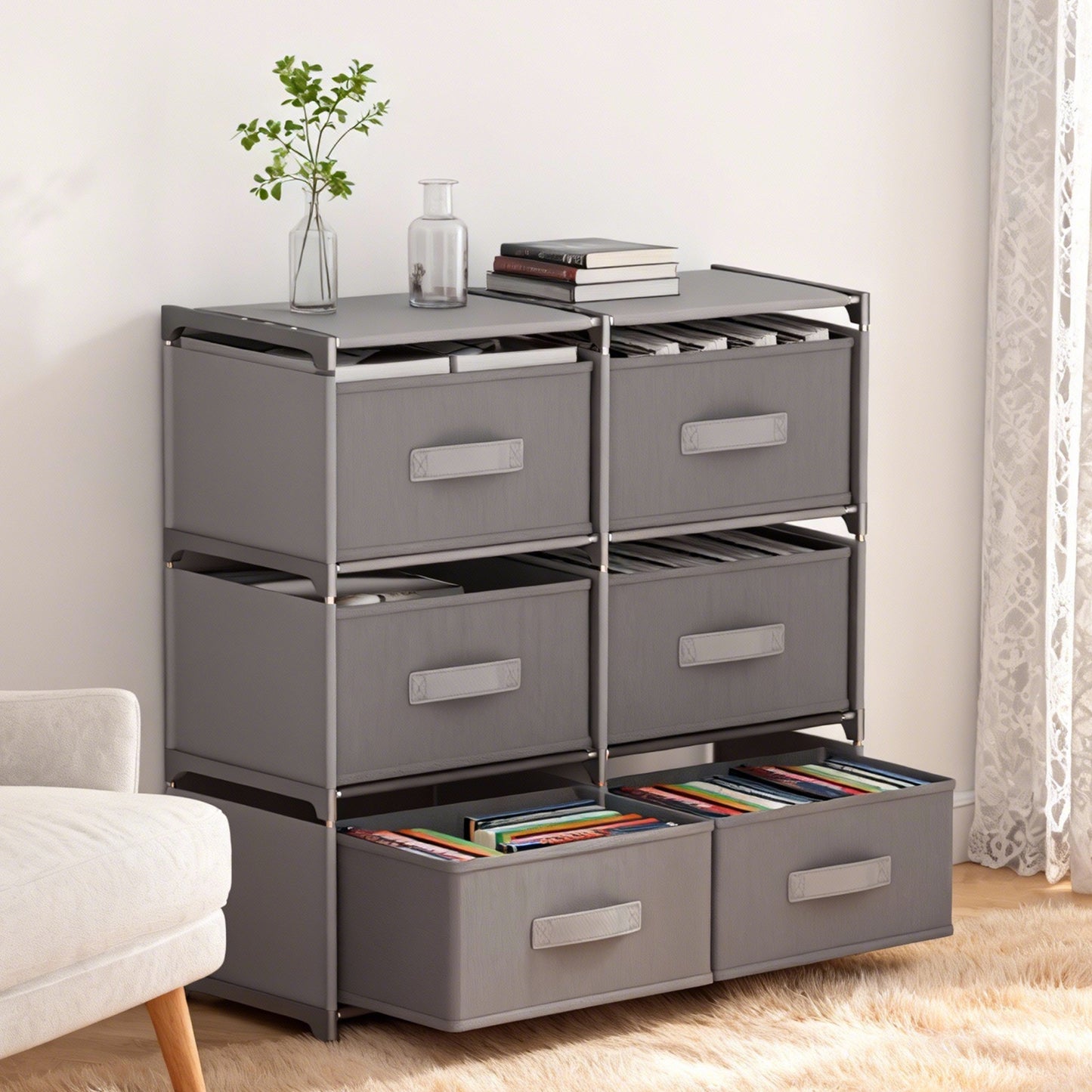 BAOKALER Clothes Drawer Dresser with 6 Drawers, Double Row Non-Woven Fabric Dresser for Bedroom, Hallway, Entryway, Closets, Sturdy Steel Frame, Wood Top, Gray