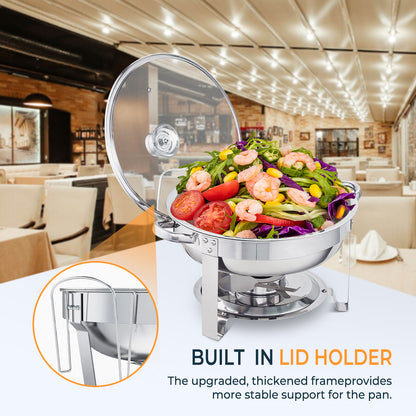 Chafing Dish Buffet Set, 5 Qt 2 Pack, Stainless Steel Chafer with 2 Full Size Pan, Round Catering Warmer Server with Glass Lid Water Pan Folding Stand Fuel Holder, for Wedding Party Banquet