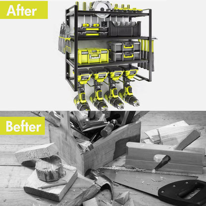 ALSO GO 4 Layers Power Tool Organizer, Heavy Duty Metal Tool Storage Rack, Drill Holder Wall Mount, Battery Tools Holder Shelf, Utility Tool Shelves for Workshop or Garage, Black