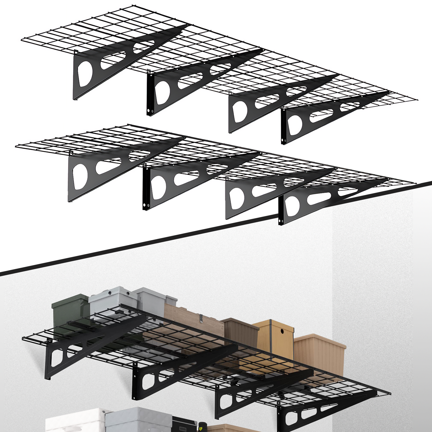2x6ft Garage Shelving Wall Mounted, 72" x 24" Metal Garage Storage Rack, Industrial Floating Shelves with Wire Grids, 800 Lbs Weight Capacity, Black