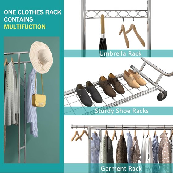 Baokaler 620 lbs Heavy Duty Garment Rack with Shelves Collapsible Clothing Racks on Wheels Rolling Clothes Rack for Hanging Clothes Portable Adjustable, Chrome Finish