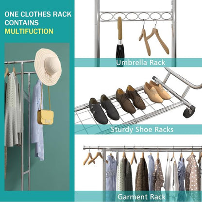 Baokaler 620 lbs Heavy Duty Garment Rack with Shelves Collapsible Clothing Racks on Wheels Rolling Clothes Rack for Hanging Clothes Portable Adjustable, Chrome Finish