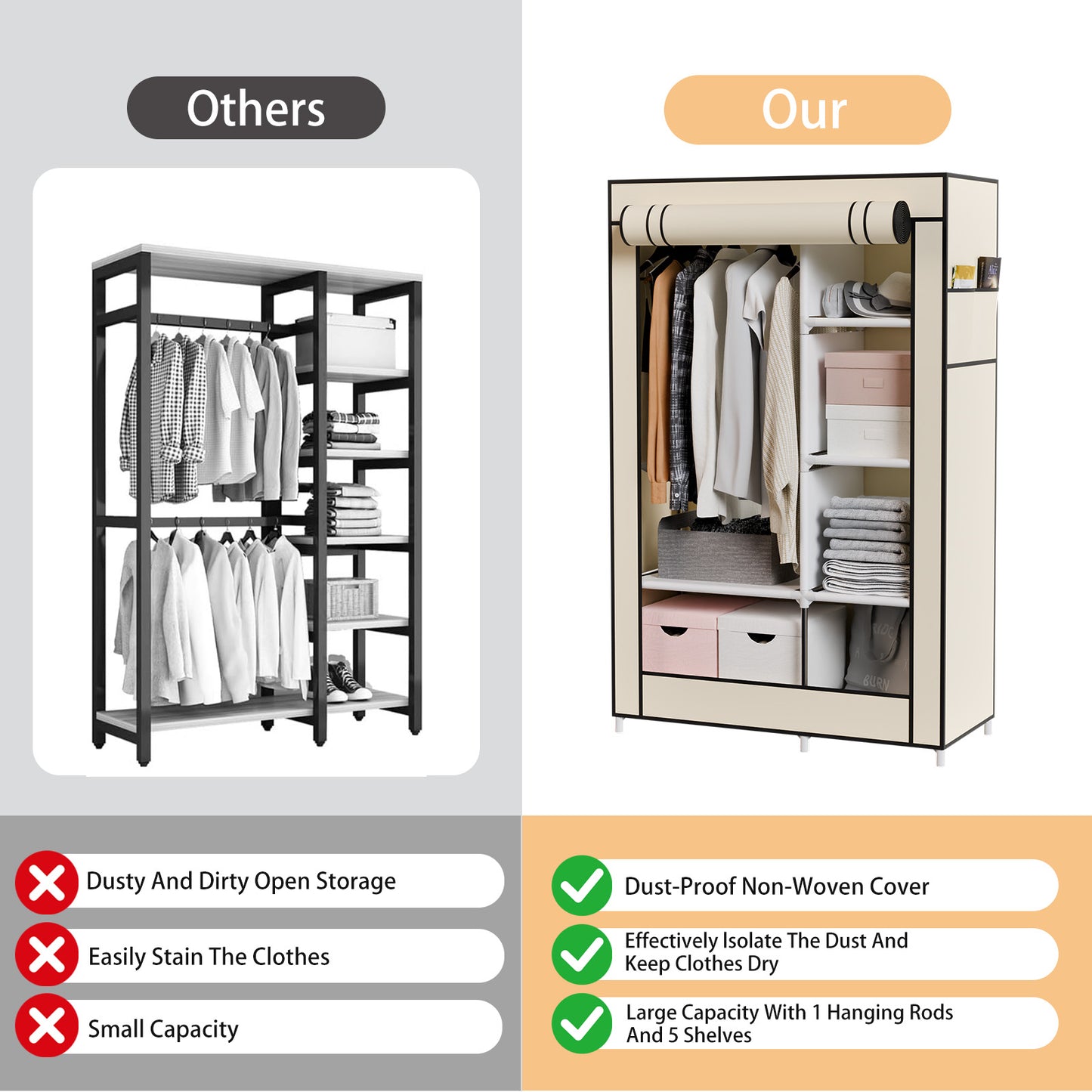 BAOKALER Wardrobe Closet Storage, Hanging Closet organizer, Clothes Rack with Cover, Tool-Free Assembly Clothes Storage for Home Bedroom Living Room, Beige