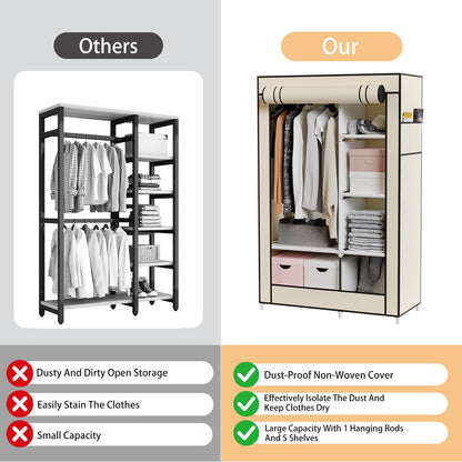 BAOKALER Wardrobe Closet Storage, Hanging Closet organizer, Clothes Rack with Cover, Tool-Free Assembly Clothes Storage for Home Bedroom Living Room, Beige
