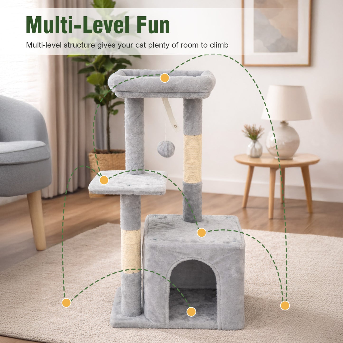 Cat Tree, Multi-Level Cat Tree Tower, Indoor Activity Center with Sisal Scratching Posts, Condos, Plush Perches, Hanging Cat Toys, Gray