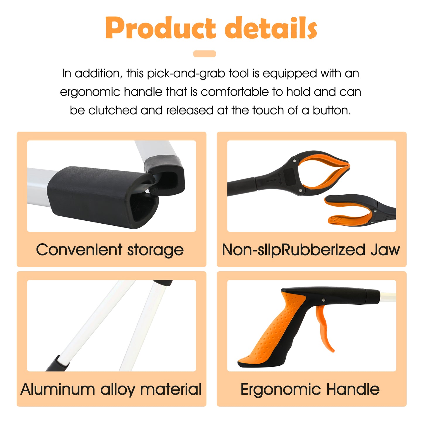2Pcs 32 Grabber Reacher Tool, Foldable Grabber Reaching Tool, Orange