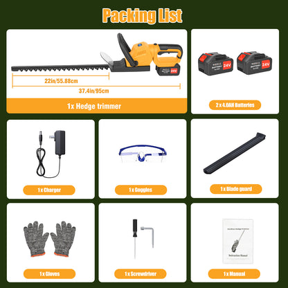 22" Cordless Hedge Trimmer with 180～ Rotatable Head, 21V Electric Bush Trimmer with 2 x 4000mAh Batteries, 1000W 24000r/min Motor, 67Mn Steel Blade for Garden Yard, Yellow
