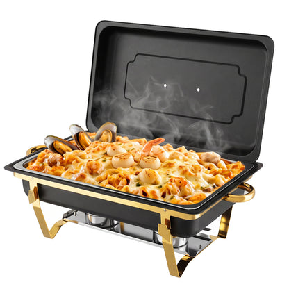 CATGOOD 9QT Black Gold Chafing Dish Buffet Set 1 Pack, Chafing Dishes for Buffet, Buffet Warmer with Scratch-Resistant Coating, Food Warmers for Parties