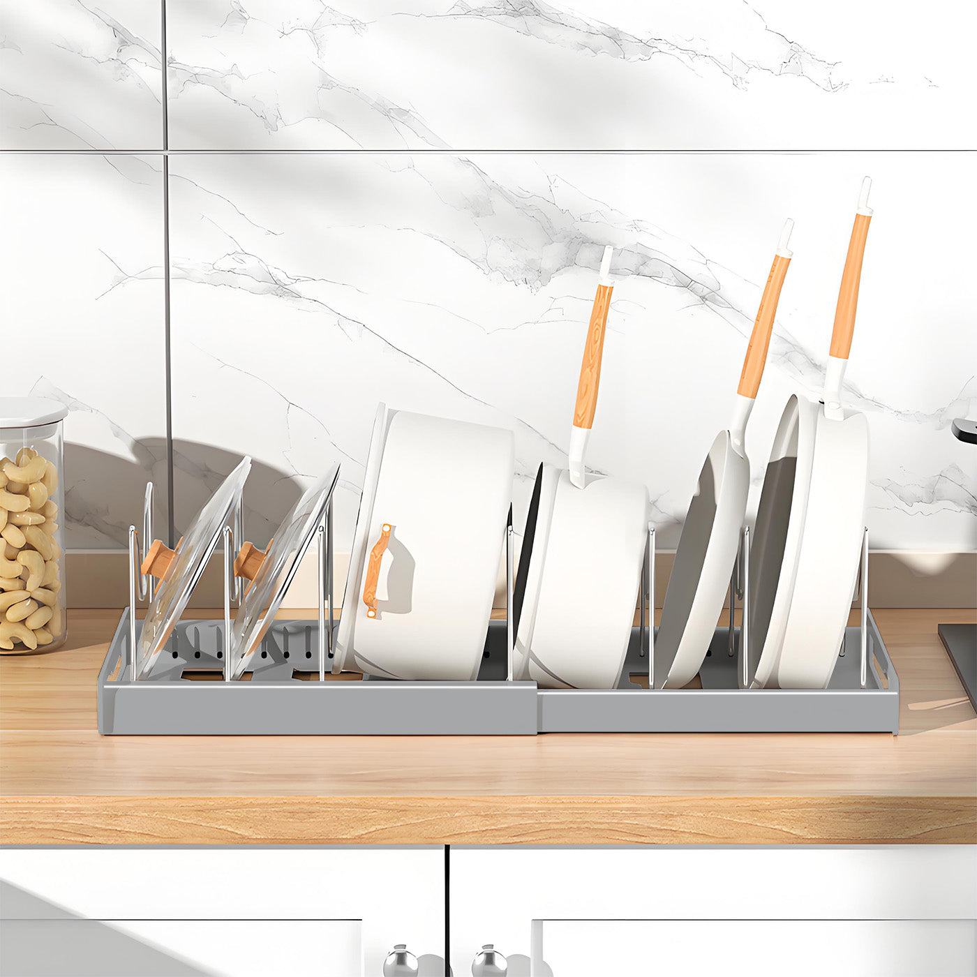 Expandable Pan Organizer with 12 Adjustable Shelves, Multifunctional Pots and Pans Organizer Rack for Kitchen Cabinets, Stainless Steel Pot Rack Lid Holder, Gray