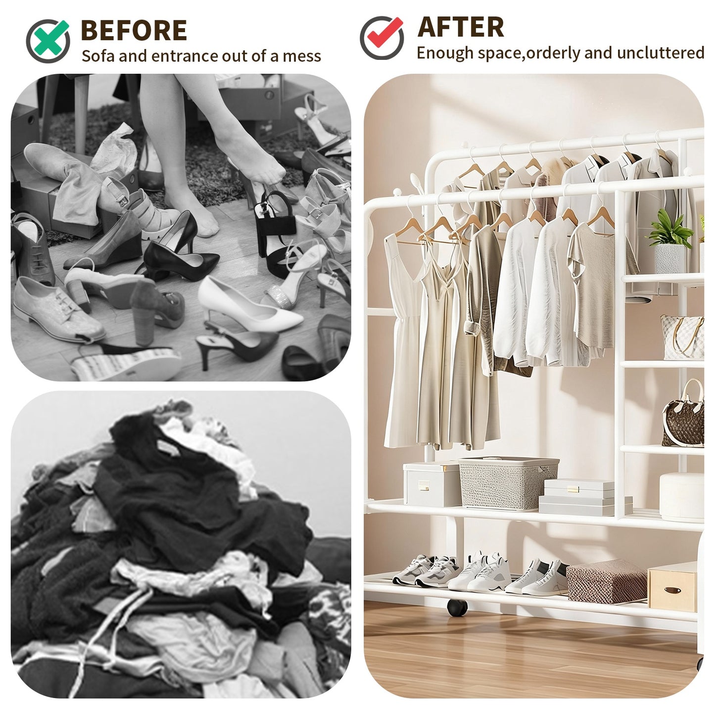 Clothes Rack with 4 Shelves, 3 In 1 Double Rods Metal Clothing Rack with Wheels & 4 Hooks, Portable Heavy Duty Garment Rack with Double Bottom Shelves, Freestanding Organizer for Bedroom, White