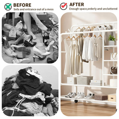 Clothes Rack with 4 Shelves, 3 In 1 Double Rods Metal Clothing Rack with Wheels & 4 Hooks, Portable Heavy Duty Garment Rack with Double Bottom Shelves, Freestanding Organizer for Bedroom, White