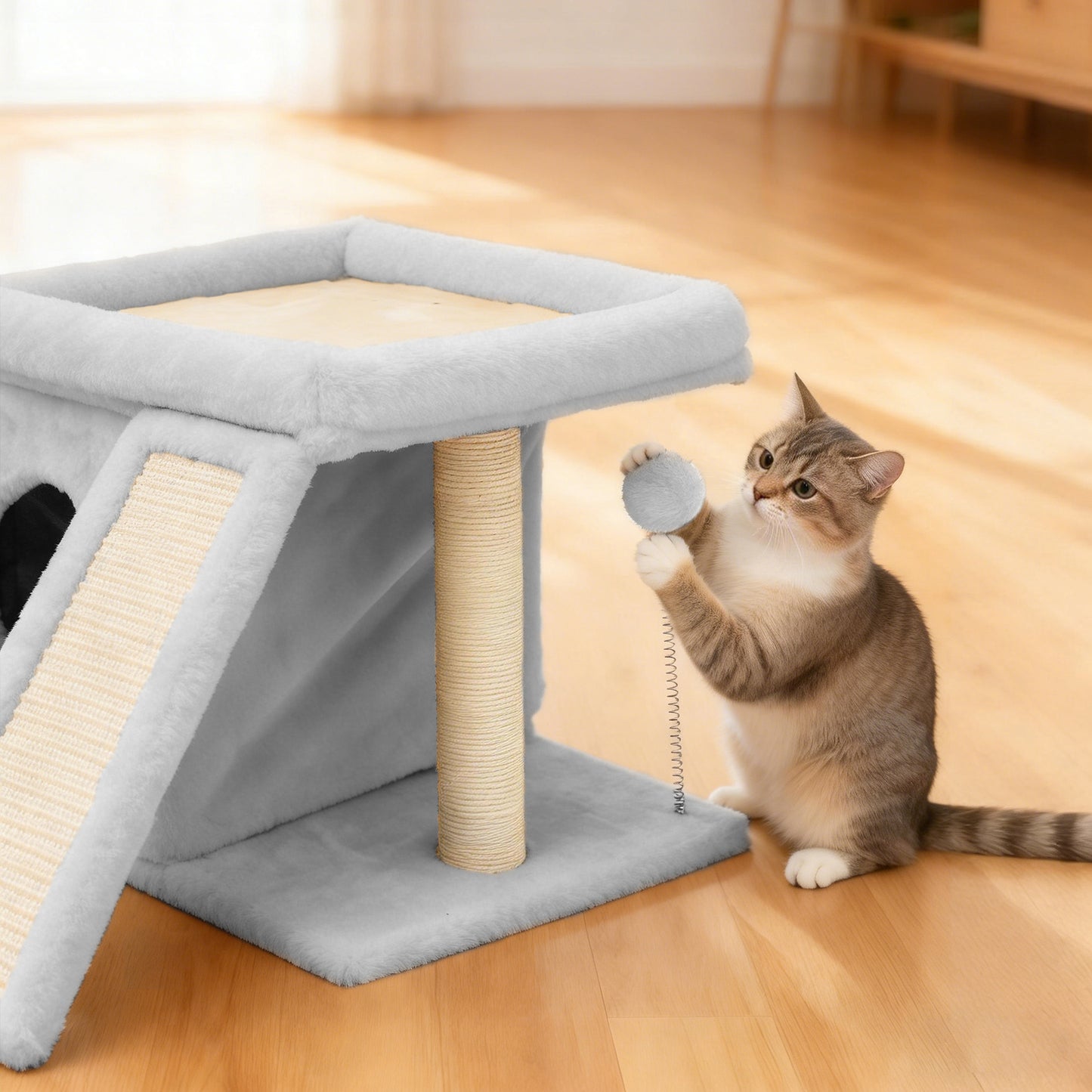 Cat Tree Tower with Perch Bed and Washable Top, Cat Tree with Sisal Scratching Posts, Condos, Plush Perches, Hanging Cat Toys, Extended Platform for Cats to Play and Sleep, Gray