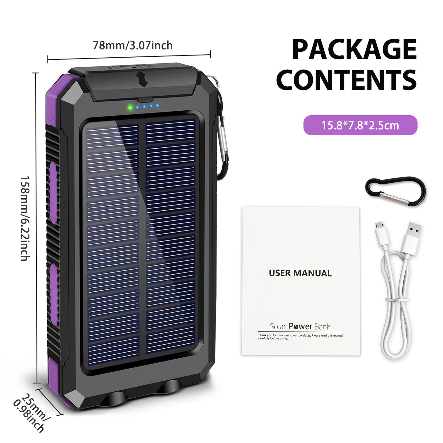 2PK BAKALER 30000mAh Solar Charger for Cell Phone iPhone, Portable Solar Power Bank with Dual 5V USB Ports, 2 Led Light Flashlight, Compass Battery Pack for Outdoor Camping Hiking(Purple)