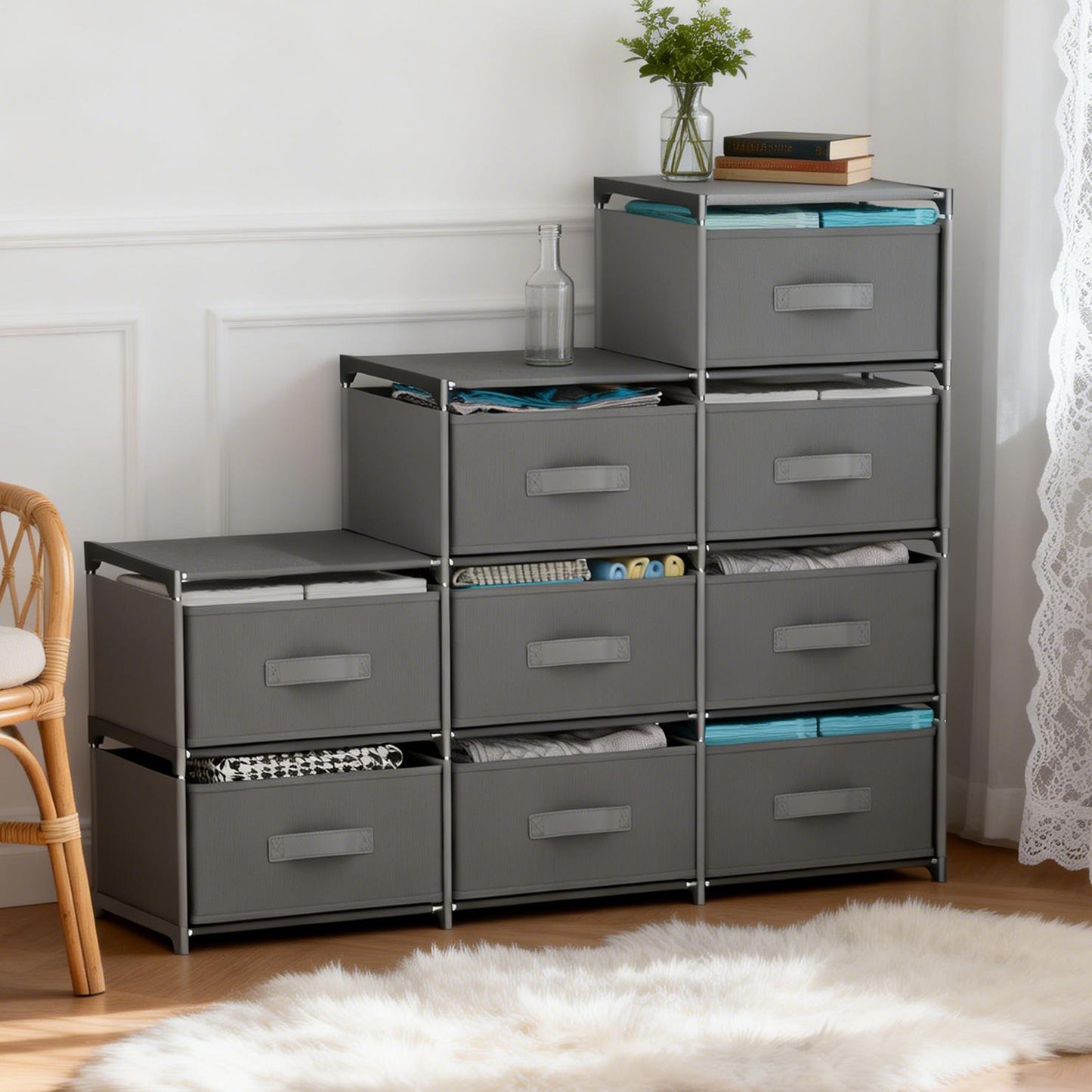 BAOKALER Non-Woven Fabric Multi-Functional Storage Cabinet, 9-Drawer Open Storage Shelf, 10.24×47.24×34.65 Inches, for Bedroom, Living Room, Hallway, Gray