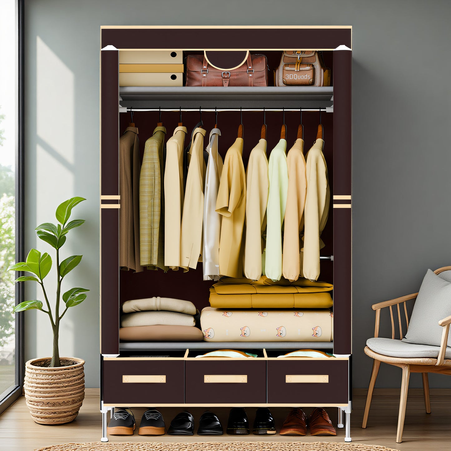 Wardrobe Closet with 3 Storage Drawers for Rentals, Dorms, Bedrooms, 67 Inches Tall hanging Closet Organizers and Storage with Hanging Space for Coats and Bags, Dark Coffee