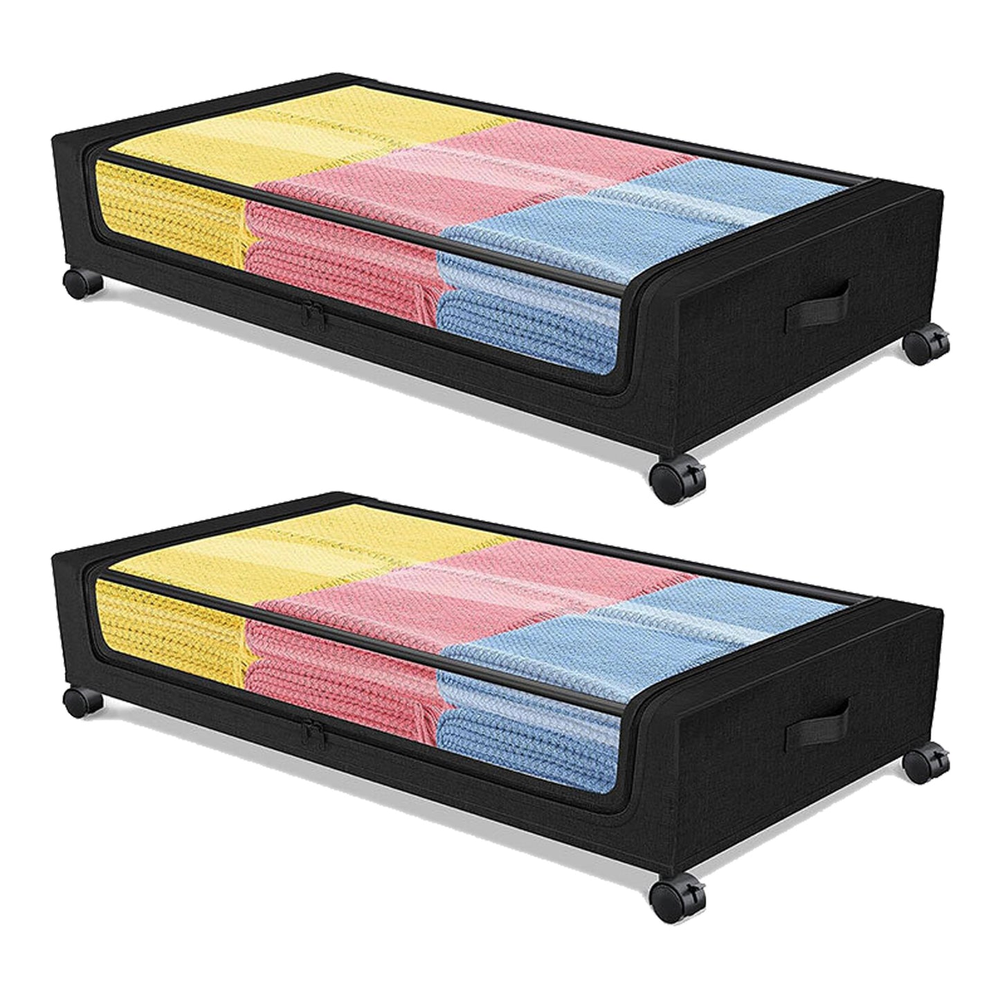 Under Bed Storage with Wheels, 2-Pack Under the Bed Storage Containers with Clear Lids & Label, Underbed Storage Bins, XXL 60L Rolling Metal Drawer for Clothes, Shoes, Toys, Books - Black
