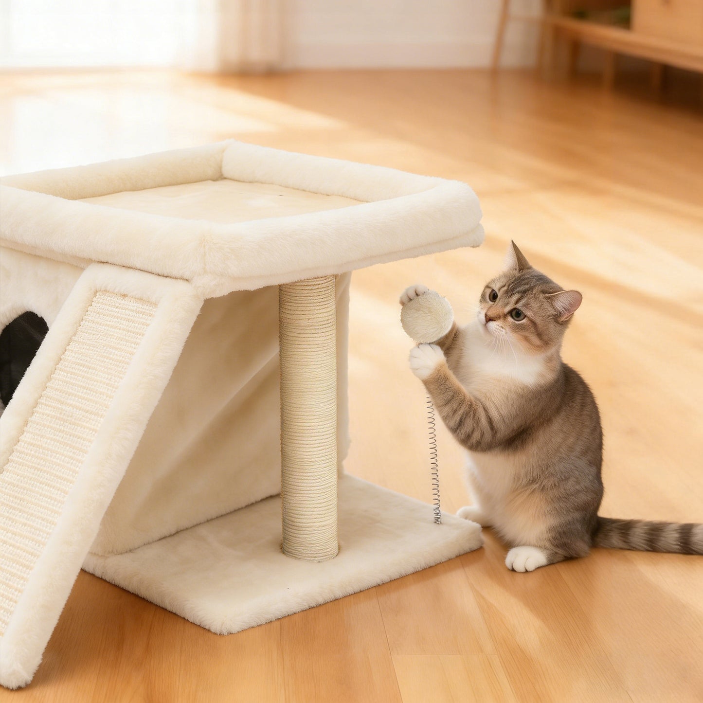 Cat Tree Tower with Perch Bed and Washable Top, Cat Tree with Sisal Scratching Posts, Condos, Plush Perches, Hanging Cat Toys, Extended Platform for Cats to Play and Sleep, Beige
