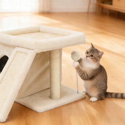 Cat Tree Tower with Perch Bed and Washable Top, Cat Tree with Sisal Scratching Posts, Condos, Plush Perches, Hanging Cat Toys, Extended Platform for Cats to Play and Sleep, Beige