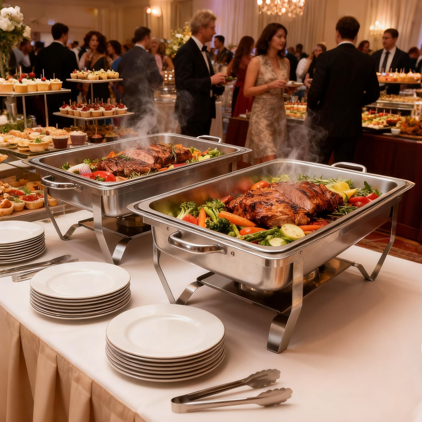 BAOKALER 9QT Chafing Dish Buffet Set with 4 Food Tongs , Foldable Full Size Buffet Server Food Warmer, Stainless Steel Catering Supplies for Party, Banquet, Caterying, Rectangular, Silver, 4 Pack