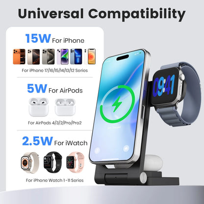 Magnetic Charging Station,3 in 1 Foldable Wireless Charger Compatible for iPhone 17/16/15/14/13/12 Plus Pro Max,Portable Charger Dock for iWatch & AirPods,Black