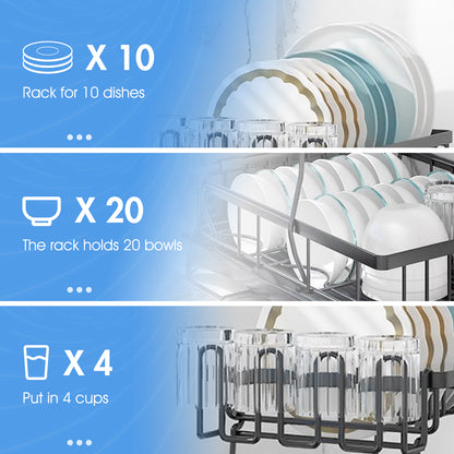Dish Drying Rack for Kitchen Counter, Detachable Large Capacity Dish Drainer Organizer with Utensil Holder, 2-Tier Dish Drying Rack with Drain Board, Black