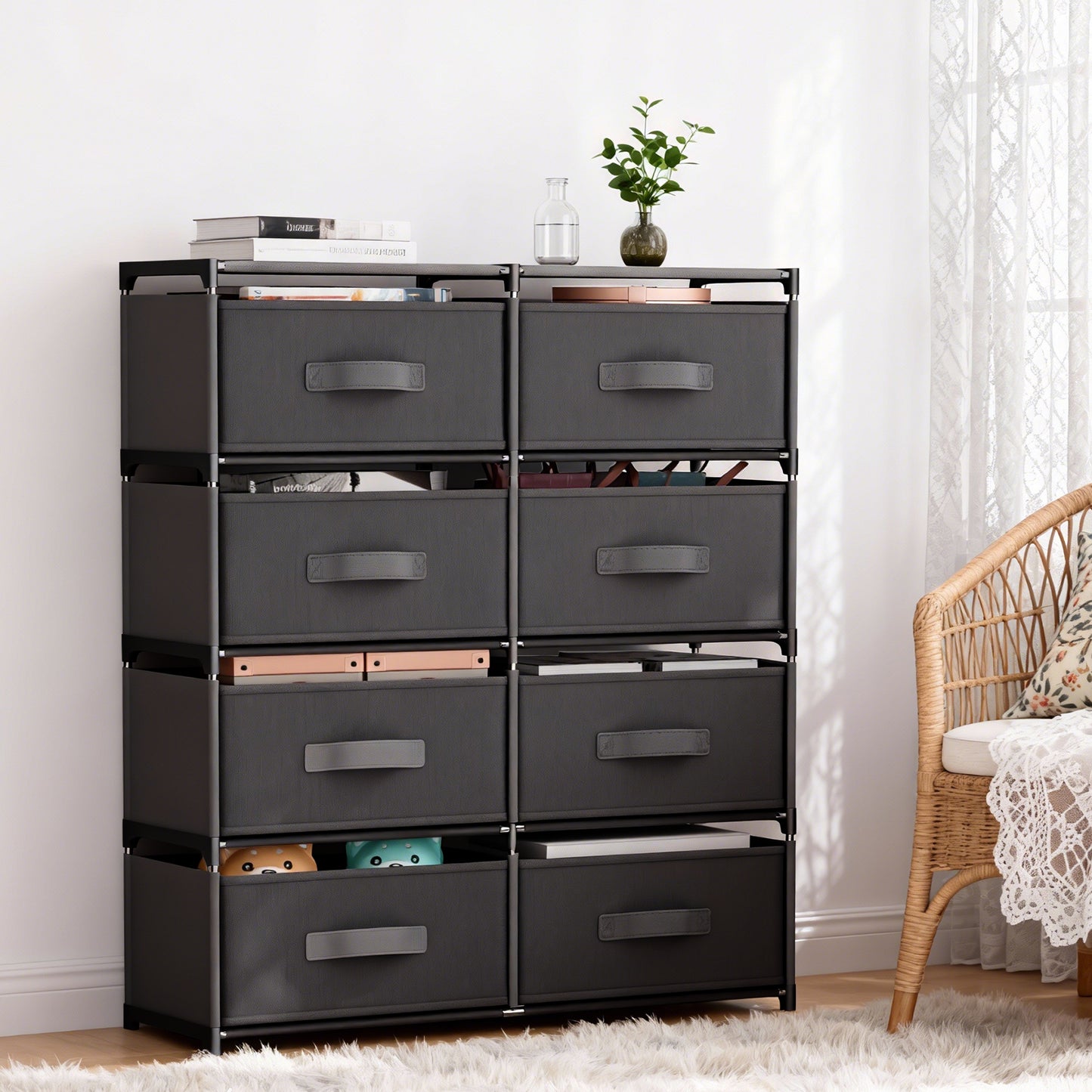 BAOKALER Double Row Non-Woven Fabric Dresser with 4 Drawers, Clothes Drawer Dresser for Bedroom, Hallway, Entryway, Closets, Sturdy Steel Frame, Wood Top, Black