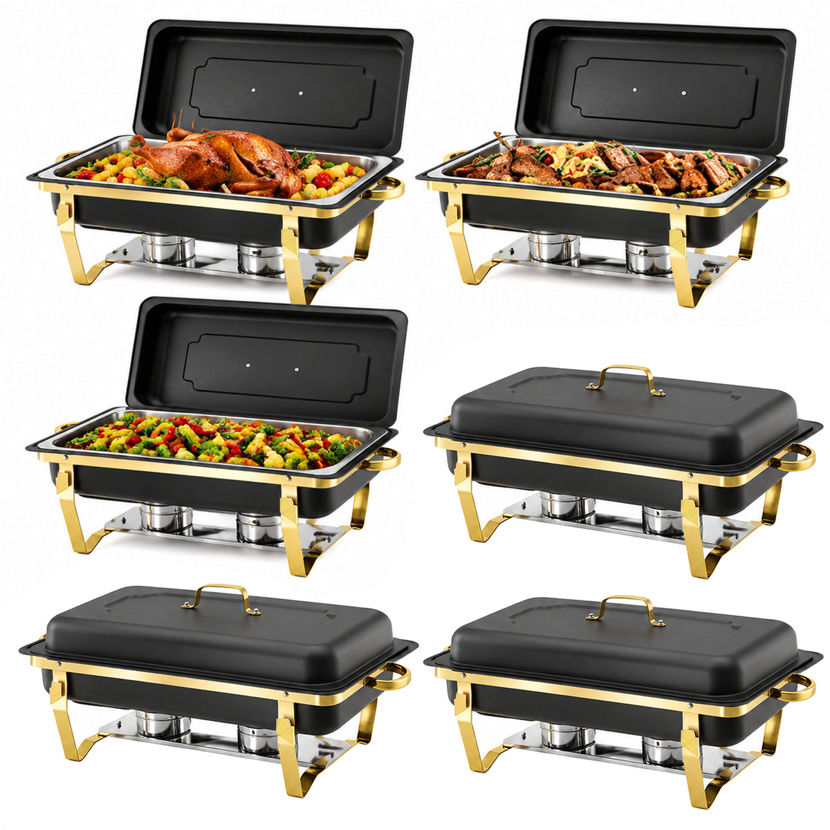 CATGOOD 9QT Chafing Dish Buffet Set 6 Pack, Black Gold Chafing Dishes, Stainless Steel Buffet Chafing Set with Space-Saving Design, Buffet Warmers for Parties, Catering Events