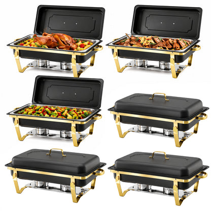 CATGOOD 9QT Chafing Dish Buffet Set 6 Pack, Black Gold Chafing Dishes, Stainless Steel Buffet Chafing Set with Space-Saving Design, Buffet Warmers for Parties, Catering Events