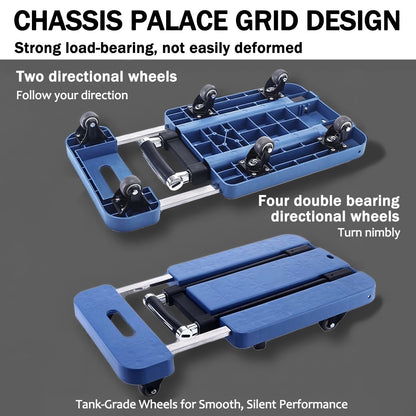 BAOKALER Folding Hand Truck, Heavy Duty Dolly Cart, Push Dolly Cart Foldable Platform with 6 Wheels, Blue