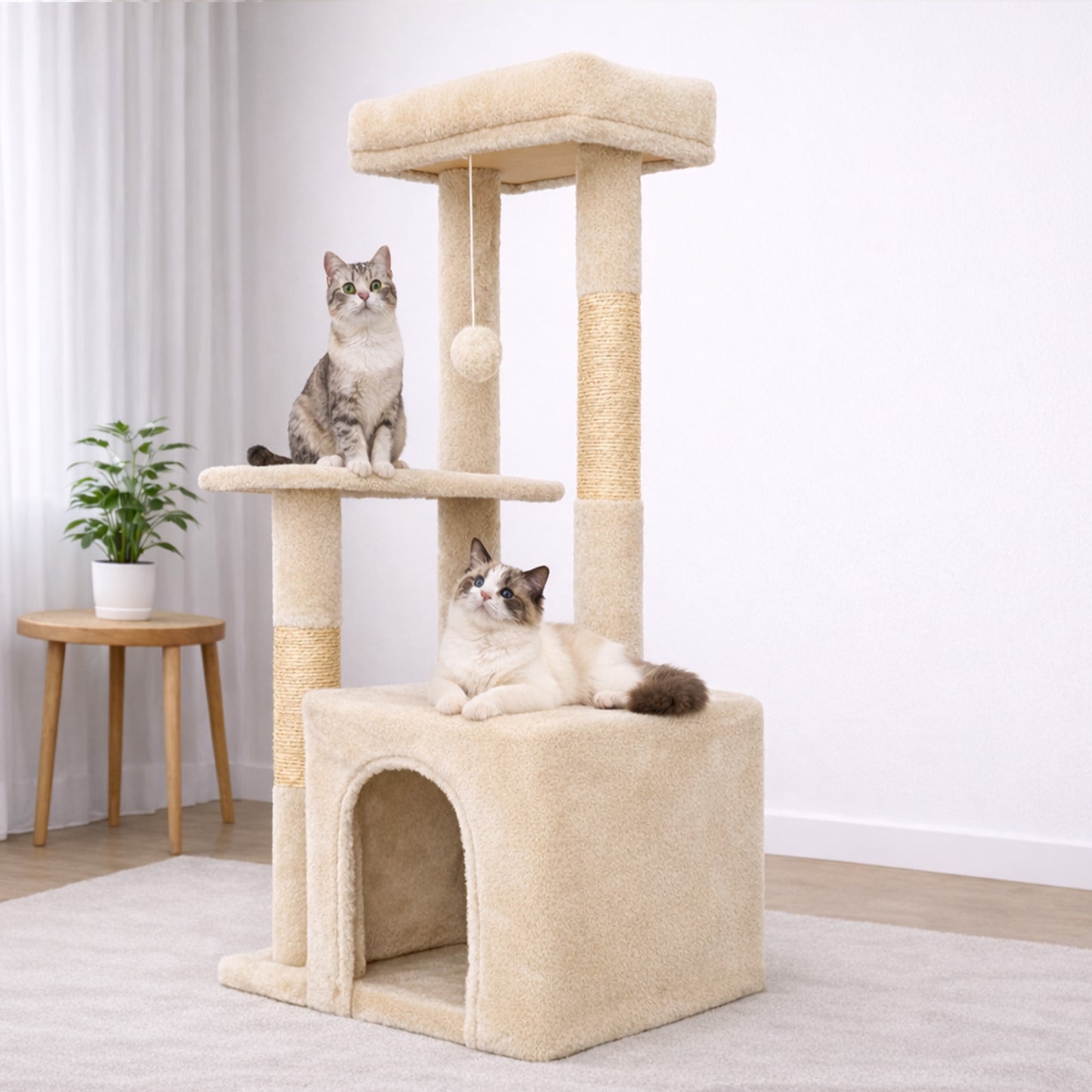 Cat Tree, Multi-Level Cat Tree Tower, Indoor Activity Center with Sisal Scratching Posts, Condos, Plush Perches, Hanging Cat Toys, Beige
