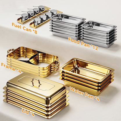 Gold Chafing Dish Buffet Set 4 Pack, 9QT Rectangular Stainless Steel Chafing Dishes with 3 Compartments, Party Food Warmer Buffet Set for Buffet Restaurants, Hotel Dining, Banquets