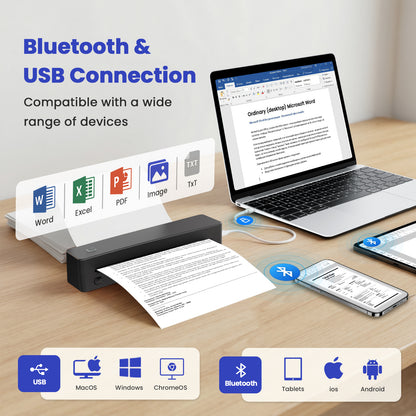 Thermal Printer for Travel, Supports US Letter, A4, A5, B5 Thermal Paper, Portable Wireless Inkless Phone Printer for Home Office, Compatible with Android iOS Phone & Laptop, Black
