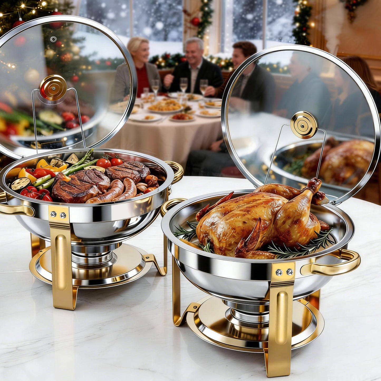 CATGOOD 6 Pack with Tongs 6QT Round Chafing Dish Buffet Set, Buffet Warmers with Glass Lids & Gold Stands, Smooth Thick Edge, Easy Clean, Side Lid Rest for Parties, Weddings, Catering, Home Banquet