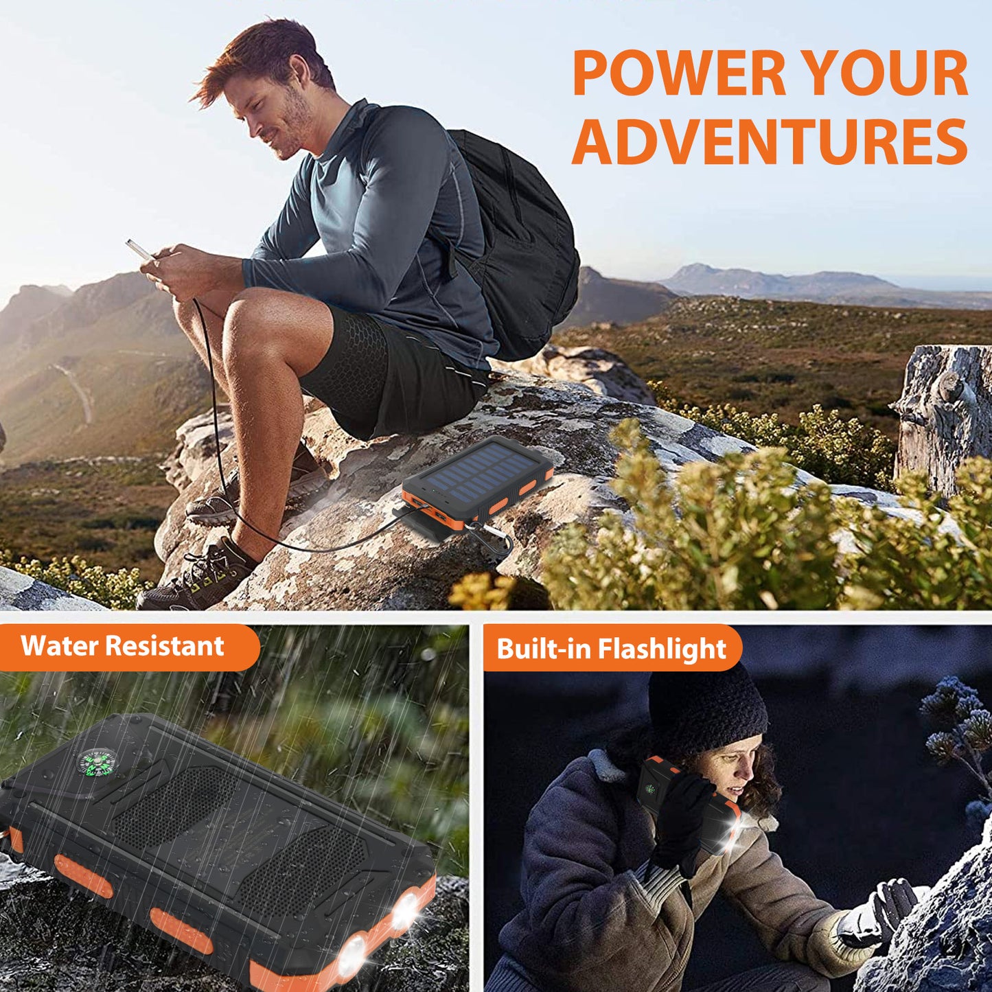 20000mAh Solar Charger for Cell Phone iPhone, Portable Solar Power Bank with Dual 5V USB Ports, 2 LED Light Flashlight, Compass Battery Pack for Outdoor Camping Hiking