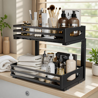 CATGOOD Under Sink Organizer, Multifunctional Pull-Out Under Sink Storage, 2-Tier Under Kitchen Sink Organizer, Waterproof Metal Storage Rack with Sliding Drawer for Kitchen and Bathroom, Black