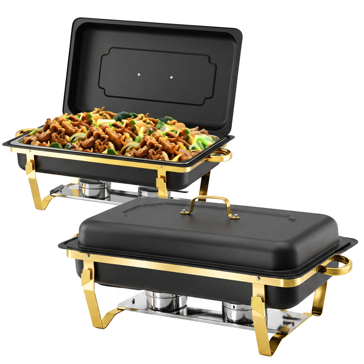 CATGOOD 9QT Black Gold Chafing Dish Buffet Set 2 Pack, Stainless Steel Chafing Dishes for Buffet, Buffet Warmer with Scratch-Resistant Coating, Food Warmers for Parties, Buffet Restaurants