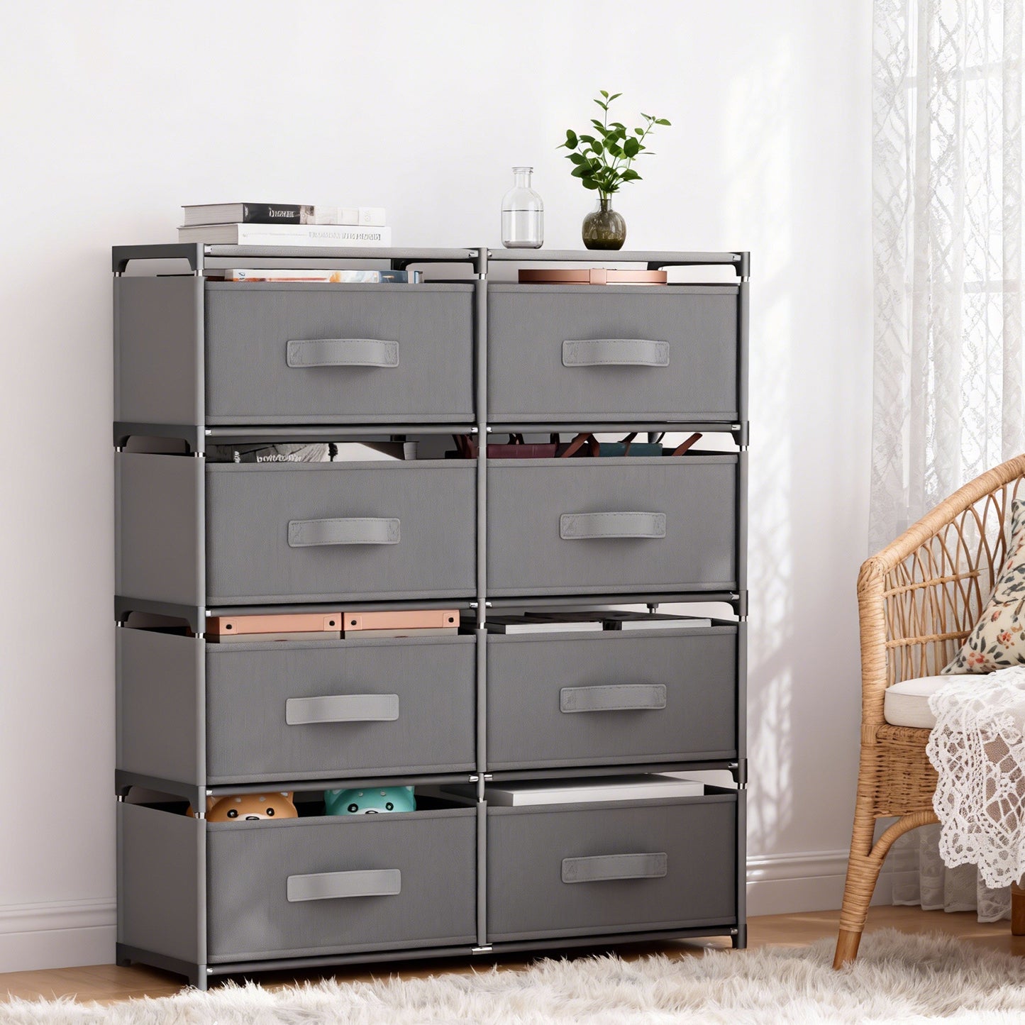 BAOKALER Clothes Drawer Dresser with 8 Drawers, Double Row Non-Woven Fabric Dresser for Bedroom, Hallway, Entryway, Closets, Sturdy Steel Frame, Wood Top, Gray