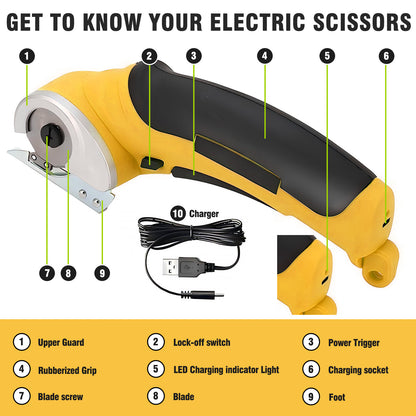 Cordless Electric Scissors, Cardboard Cutter, Rechargeable Powerful 4V Scissor Cutting Tool for Cardboard, Fabric, Leather, Yellow