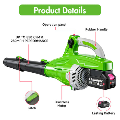 Cordless Leaf Blower, 200 MPH 850 CFM Electric Blower with 8 Speeds, 2¡Á4.0AH Batteries and Charger, Lightweight for Yard, Patio and Dust Cleaning