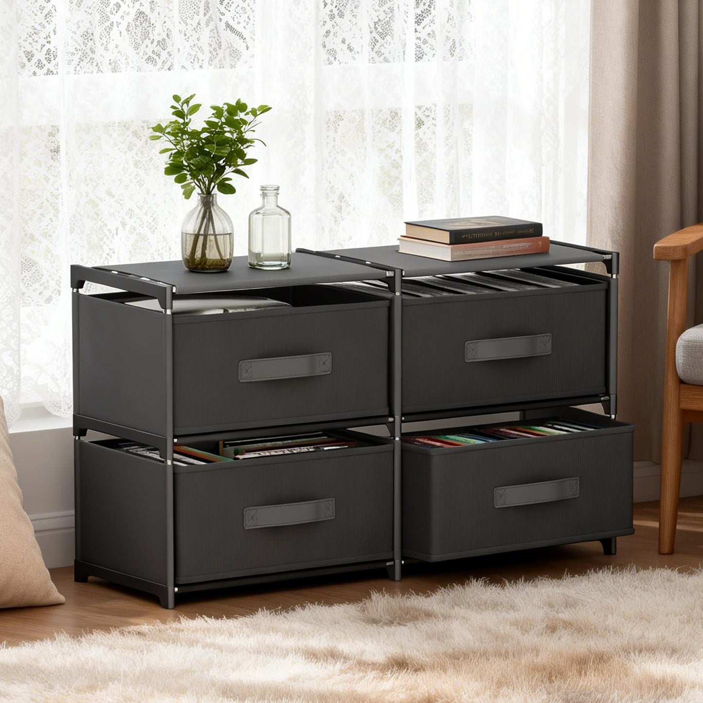 BAOKALER Double Row Non-Woven Fabric Dresser with 4 Drawers, Clothes Drawer Dresser for Bedroom, Hallway, Entryway, Closets, Sturdy Steel Frame, Wood Top, Black