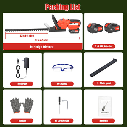 22" Cordless Hedge Trimmer, 21V Electric Hedge Trimmer with 2 x 4000mAh Batteries and Charger, Hedge Trimmer Cordless for Cutting and Trimming Bushes and Shrubs, Red