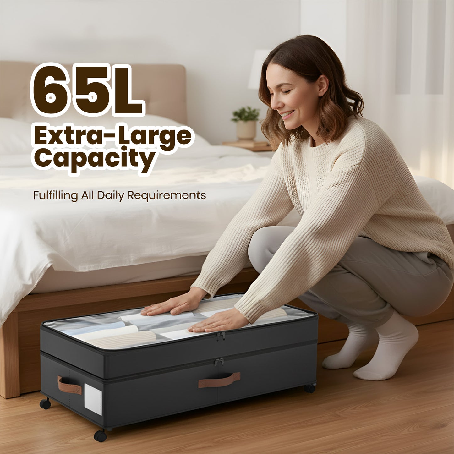 Under Bed Storage with Wheels, 2 Packs Large Underbed Organizer with Lid, 10'' Adjustable Height Shoes Containers Clothes Rolling Bin for Bedroom Dorm, Black