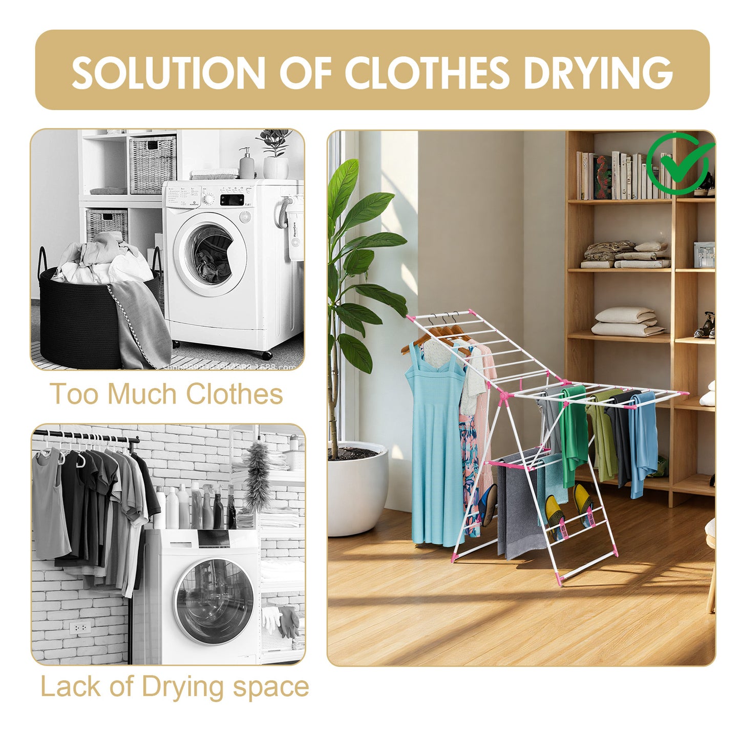 2-Tier Collapsible Clothes Drying Rack, Height-Adjustable Laundry Rack for Drying, Rustproof Clothes Dryer Hanger with Wings for Home, Red