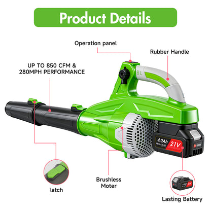 Cordless Leaf Blower, 200 MPH 850 CFM Electric Blower with 8 Speeds, 2¡Á4.0AH Batteries and Charger, Lightweight for Yard, Patio and Dust Cleaning