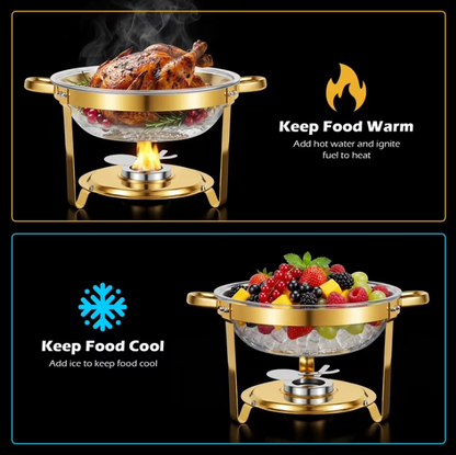 Round Half-Gold Plated Stainless Steel Chafing Dish with Stainless Steel Lid, Buffet Warmer Set, 6-Pack, for Home Gatherings, Christmas Parties, Catering Events