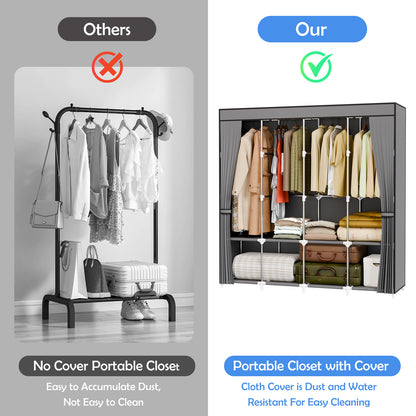 BAOKALER 67-Inch Wide Wardrobe Closet with 4 Hanging Rods & 8 Shelves, Non-Woven Fabric Hanging Closet Organizer, 16mm Steel Tube Clothing Rack for Bedroom, Living Room, Closet, Garage, Dorm, Gray