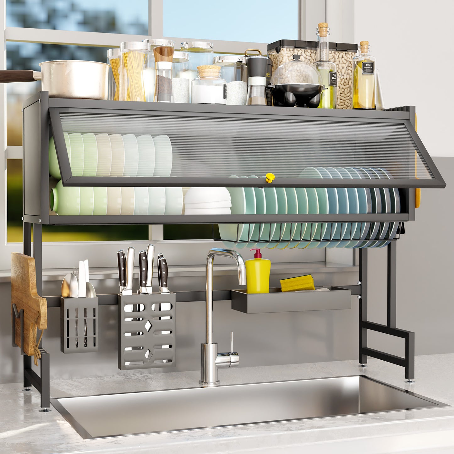 Stainless Steel Dish Drying Rack Over Sink, Black, Dustproof Dish Racks for Kitchen Counter Black, Length-29.53"