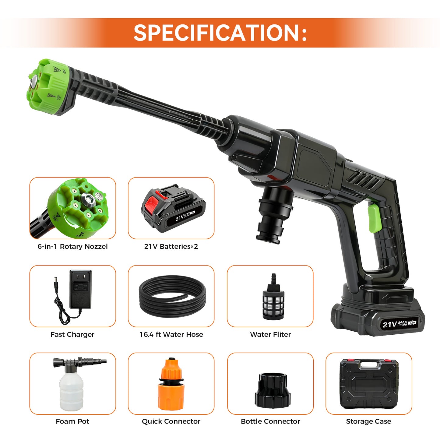 BAOKALER 300W Cordless Pressure Washer, 2.0GPM Portable Power Washer with 6-in-1 Adjustable Nozzle, Power Cleaner with 16.4ft Hose for Cars/Patios